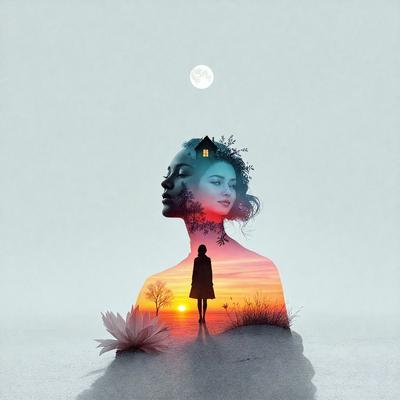 Primary subject: A woman with a flowing dress and a house in the background.

Setting/background: The woman is standing in front of a house, and there is a moon in the sky.

Visual style: The image is a digital art or illustration.

Colors and mood: The image has a warm and serene atmosphere, with the woman's dress and the house in the background creating a sense of tranquility.